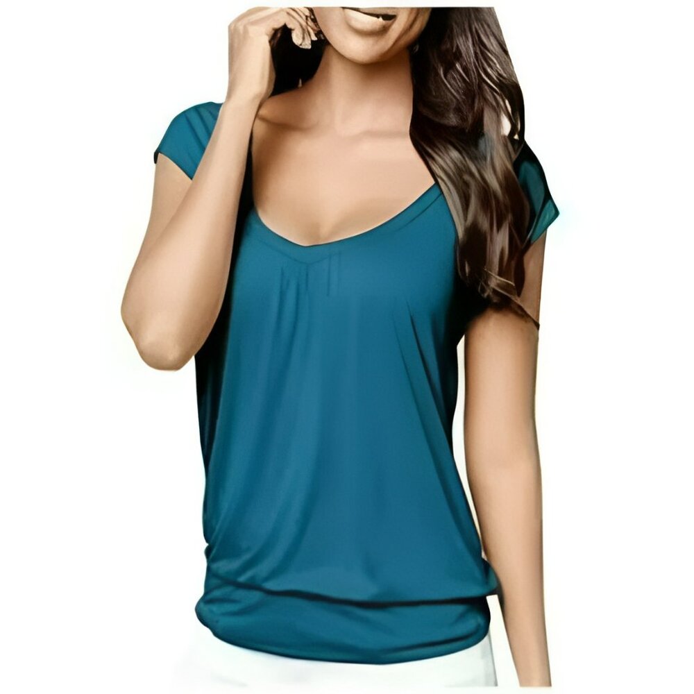 Delusional Teal Blue Green Twist Knot Pleated Peasant Cap Sleeve Stretch Top XL